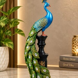 Ornate Blue Majestic Peacock Pedestal Statue with Jeweled Tail