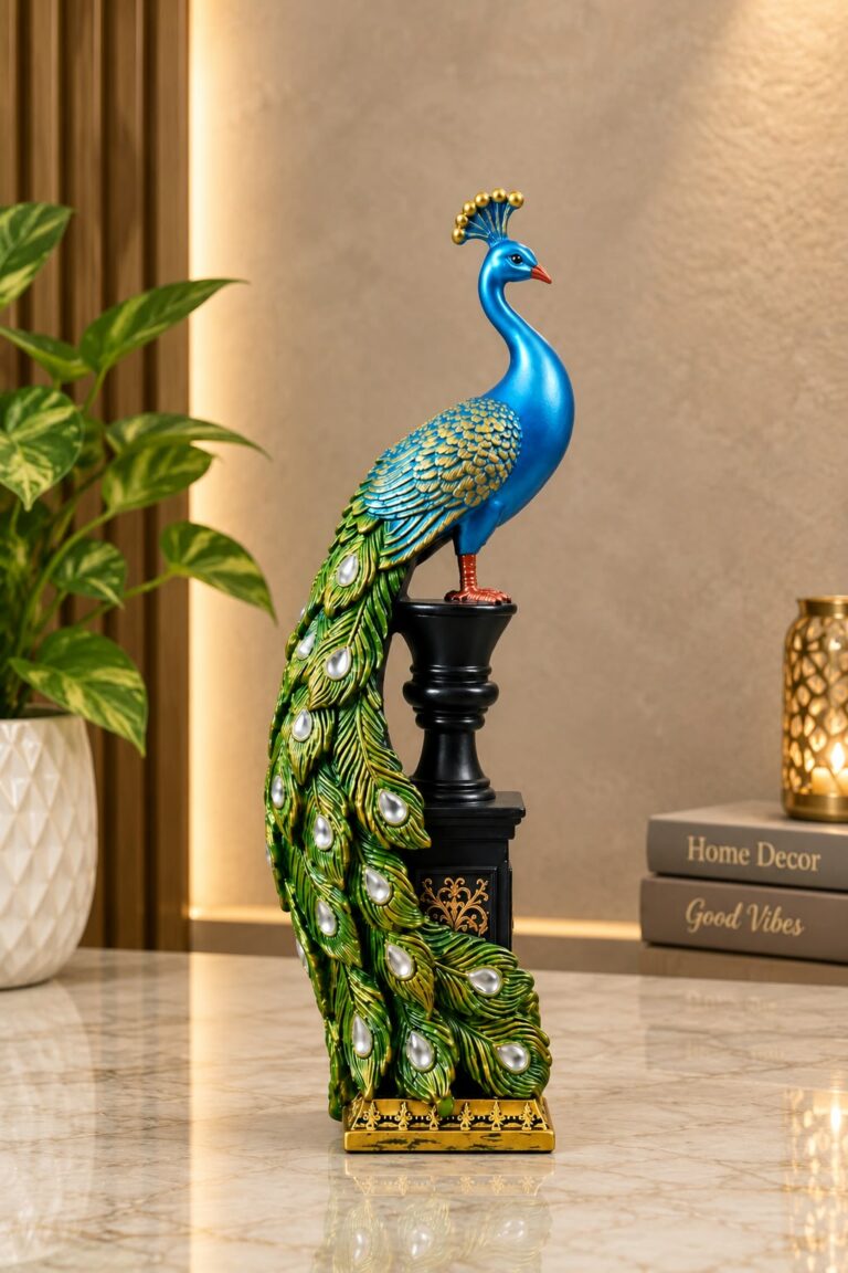 Ornate Blue Majestic Peacock Pedestal Statue with Jeweled Tail