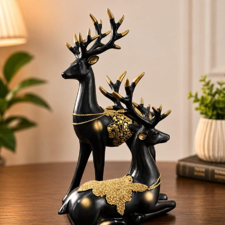 Luxury Black & Golden Barahsingha Deer Showpiece Pair | Decorative Resin Reindeer Figurines for Home Decor, Living Room, Office Table Decoration