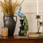 Ornate Blue Majestic Peacock Pedestal Statue with Jeweled Tail