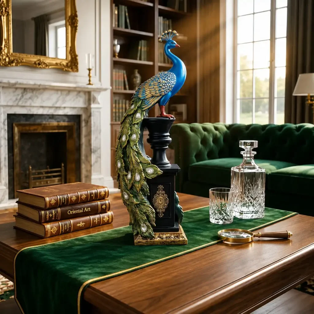 peacock |Ornate Blue Majestic Peacock Pedestal Statue with Jeweled Tail