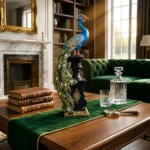 peacock |Ornate Blue Majestic Peacock Pedestal Statue with Jeweled Tail