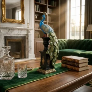 peacock |Ornate Blue Majestic Peacock Pedestal Statue with Jeweled Tail