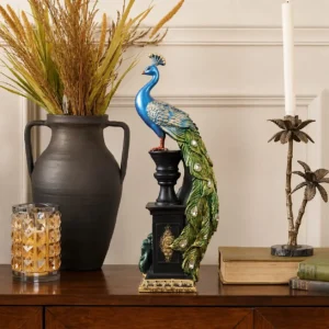 Ornate Blue Majestic Peacock Pedestal Statue with Jeweled Tail