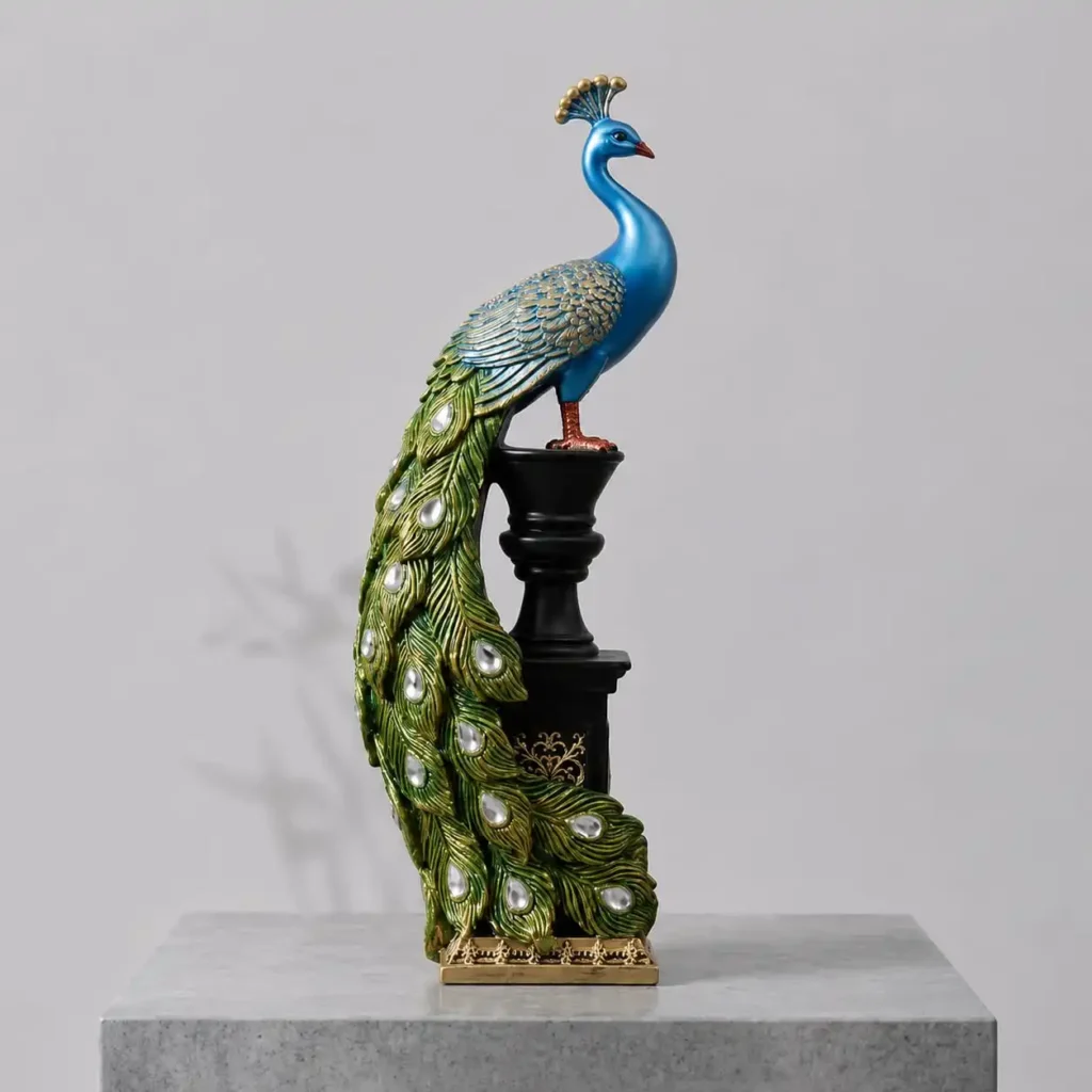 peacock |Ornate Blue Majestic Peacock Pedestal Statue with Jeweled Tail