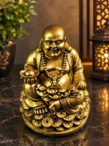 Laughing Buddha Sitting on Luck Coins - Golden Antique