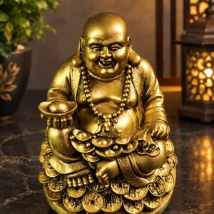 Laughing Buddha Sitting on Luck Coins - Golden Antique