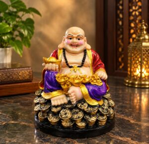 Multicolour Laughing Buddha with Gold Coins Showpiece