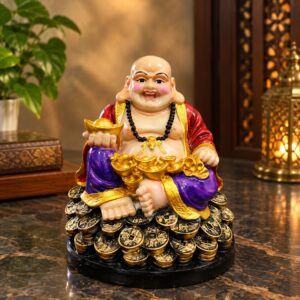 Multicolour Laughing Buddha with Gold Coins Showpiece